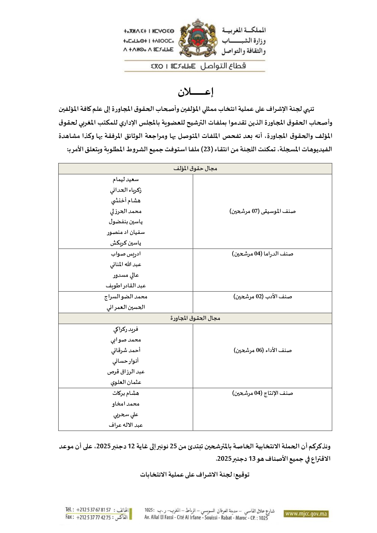 Annonce de la liste des candidats à l'adhésion au conseil d'administration